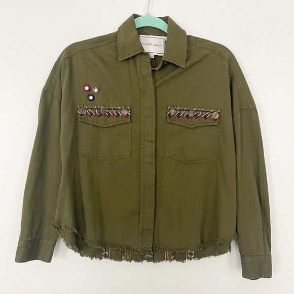 Beautiful Stories Button Up Shirt Womens Size XS Green Embellished Military - Picture 2 of 10